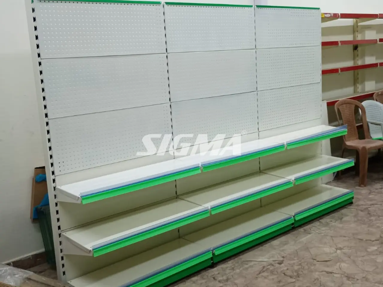 341259443_Green color perforated racks for supermarket in Bangalore.webp